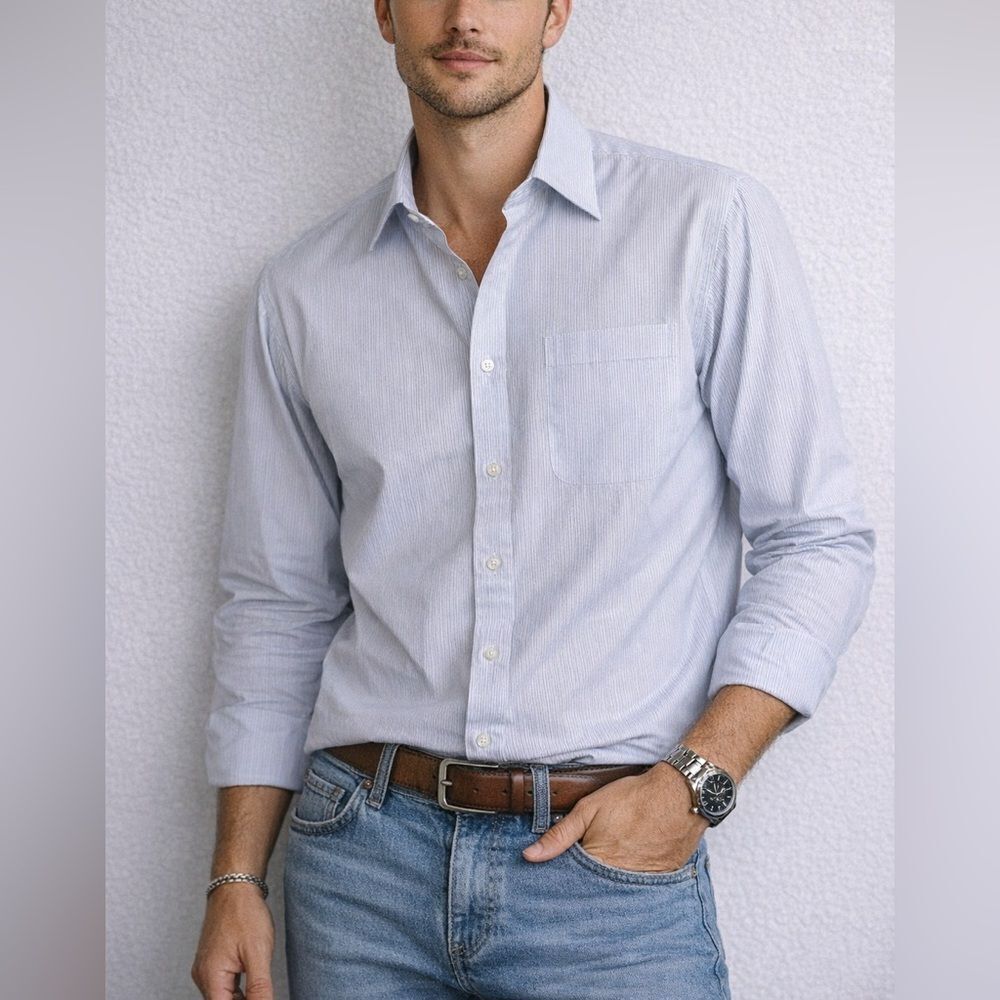 Hamilton Richards White Blue Striped Button Front Shirt Men’s Size L